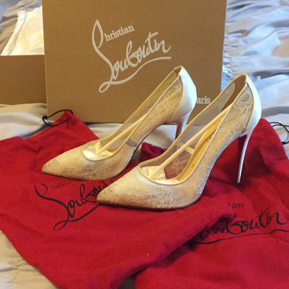 Louboutin white lace wedding shoes